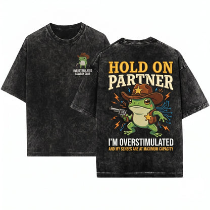 Hold On Partner Im Overstimulated Embroidered Funny Cowboy Frog Unisex Wash T-Shirt