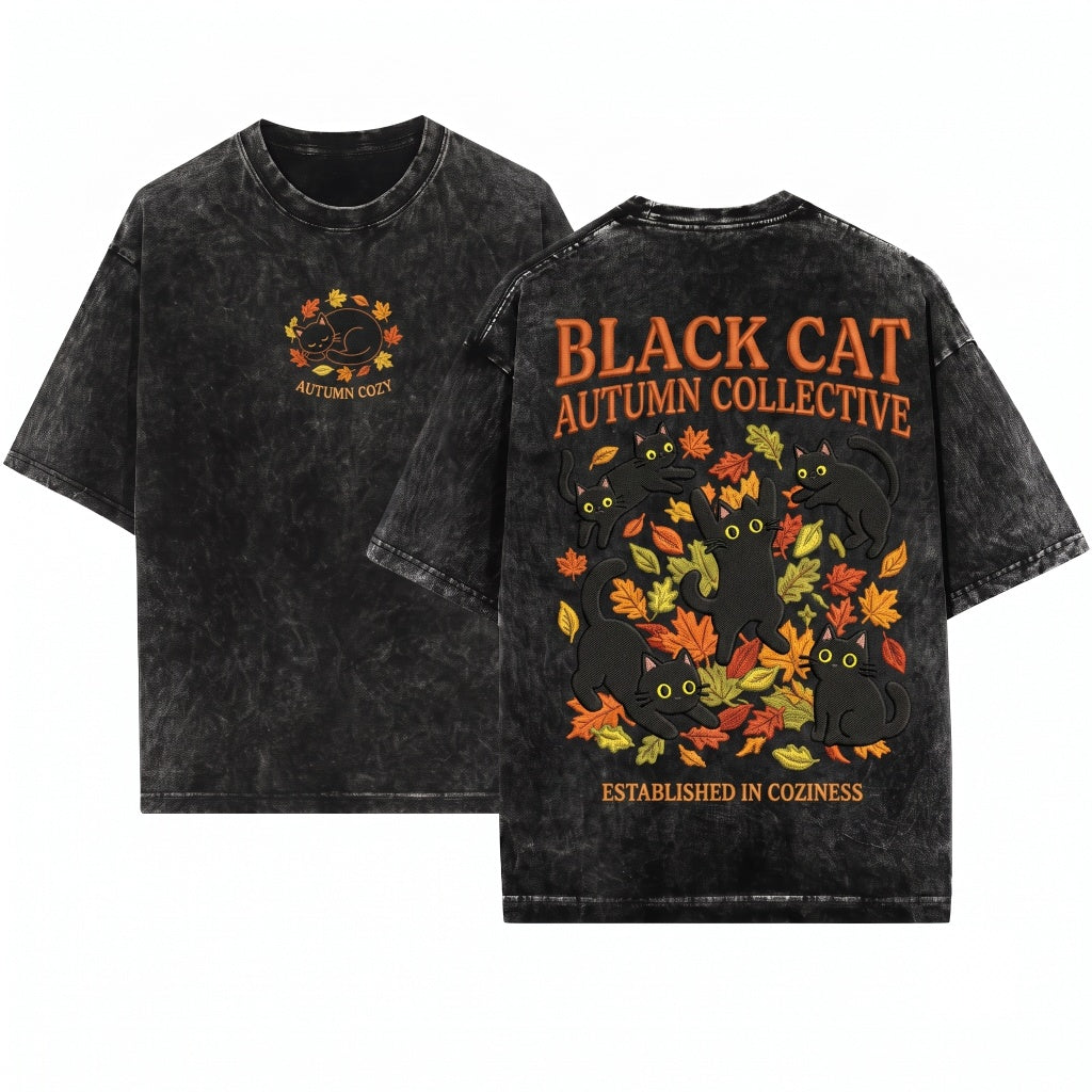 Black Cats Autumn Leaves Cute Embroidered Cozy Cat Lovers Gift Aesthetic Unisex Wash T-Shirt