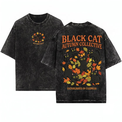 Black Cats Autumn Leaves Cute Embroidered Cozy Cat Lovers Gift Aesthetic Unisex Wash T-Shirt