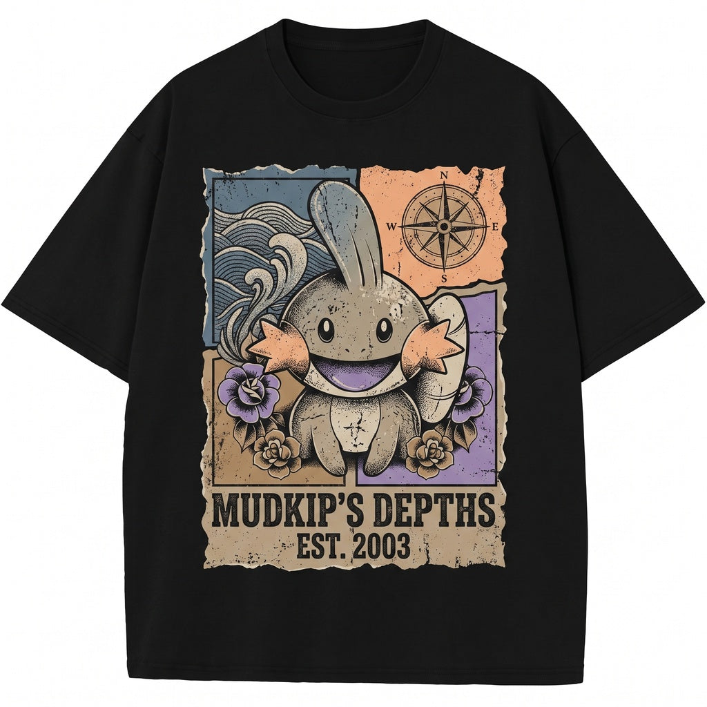 Mudkip Vintage Acid Wash Cute Kawaii Retro Oversized Graphic Anime Water Starter Fans Gift Unisex TShirt