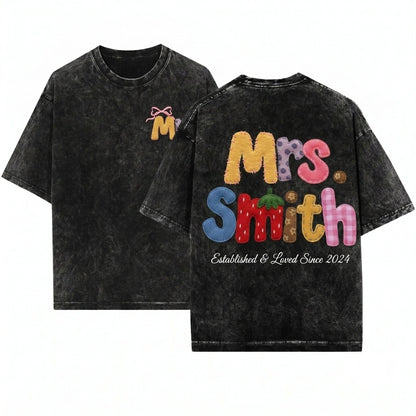 Fruity Faux Patchwork Custom Teacher Name Gingham Strawberry Floral Back To School Gift Unisex Wash T-Shirt