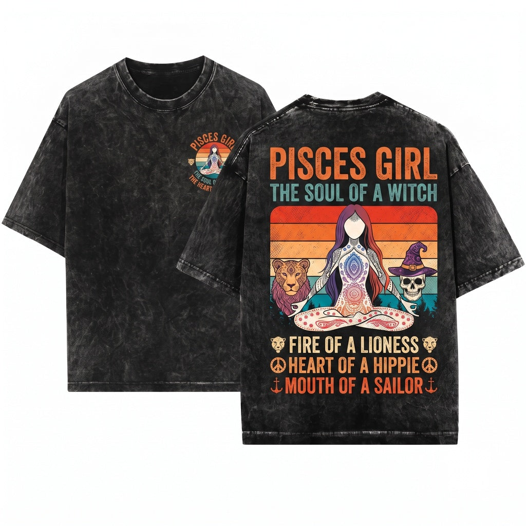 Pisces Girl Soul Witch Horoscope Zodiac Astrological Sign February March Birthday Gift Present Unisex Wash T-Shirt