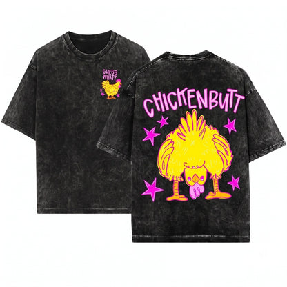Guess What Chicken Butt Funny Meme Two Sided Front Back Animal Gen Z Humor Oversized Unisex Wash T-Shirt