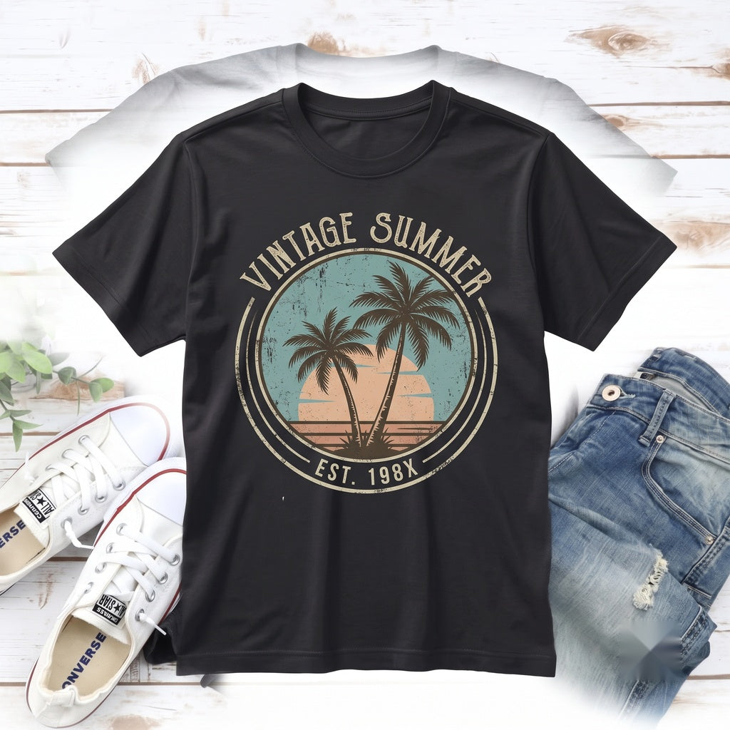 Sunset Beach Palm Tree Graphic Summer Vacation Ocean Tropical Artwork Unisex TShirt