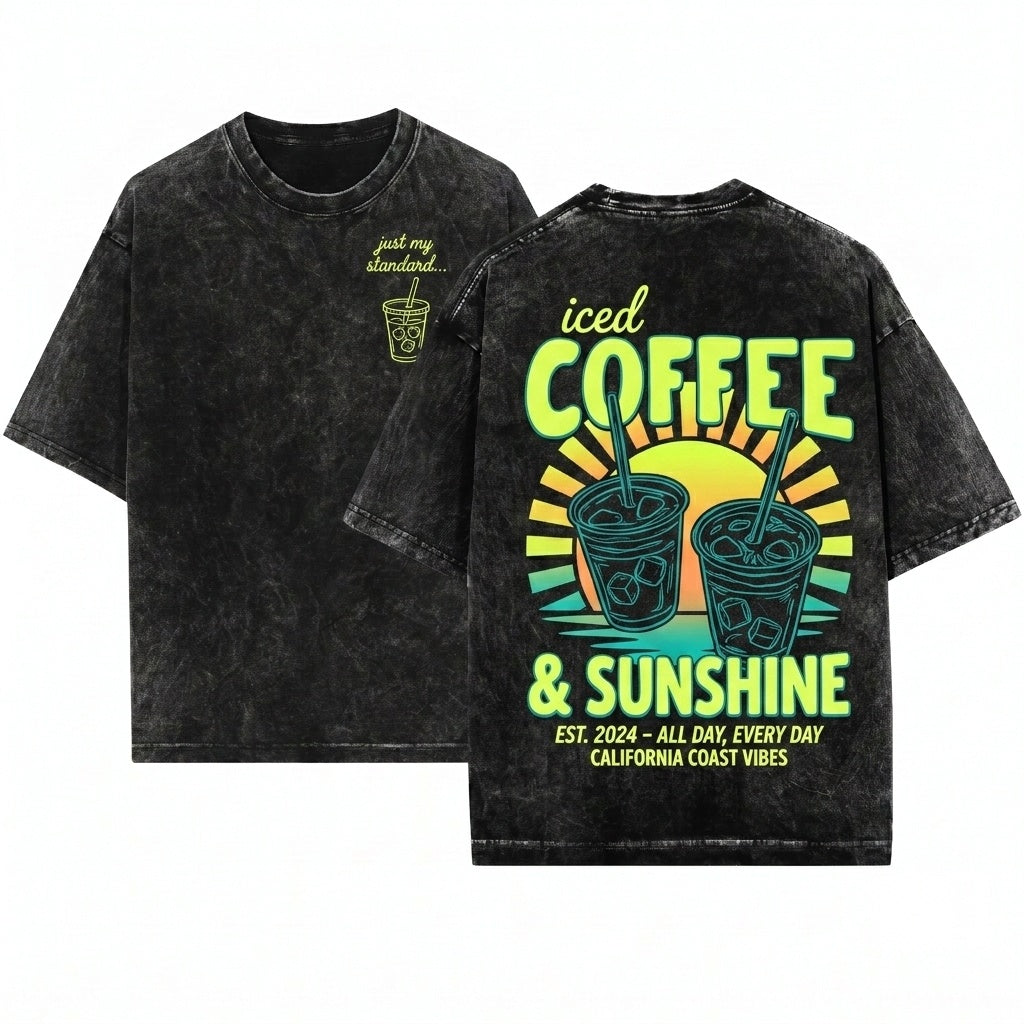 Iced Coffee and Sunshine Summer Vibes Graphic Tee, Coffee Lover Gift, Unisex Wash T-Shirt