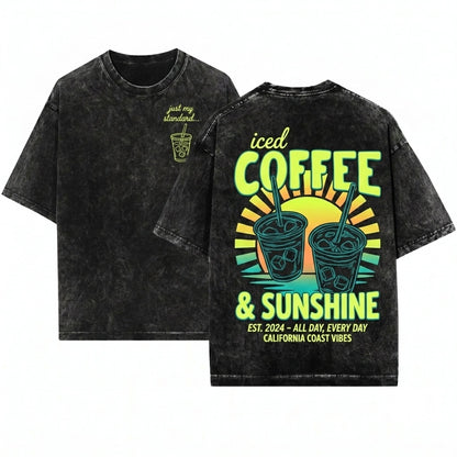 Iced Coffee and Sunshine Summer Vibes Graphic Tee, Coffee Lover Gift, Unisex Wash T-Shirt