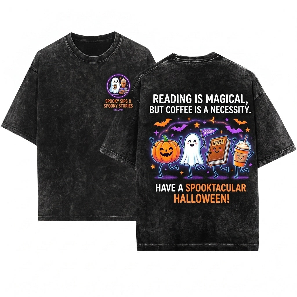 Cute Halloween Doodles Smiling Pumpkin Ghost Book Coffee Characters Cozy Fall Reader Graphic Unisex Wash T-Shirt