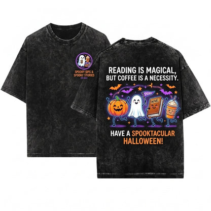 Cute Halloween Doodles Smiling Pumpkin Ghost Book Coffee Characters Cozy Fall Reader Graphic Unisex Wash T-Shirt