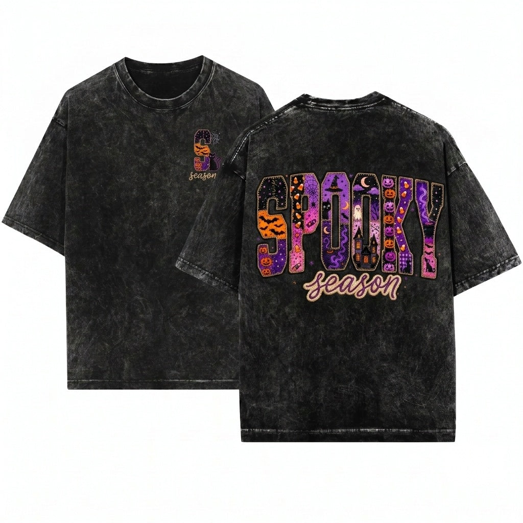 Faux Patchwork Spooky Season Halloween Varsity Applique Vintage Purple Pumpkin Ghost Witch Unisex Wash T-Shirt