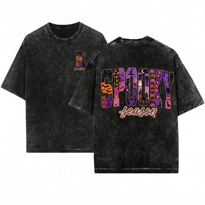 Faux Patchwork Spooky Season Halloween Varsity Applique Vintage Purple Pumpkin Ghost Witch Unisex Wash T-Shirt