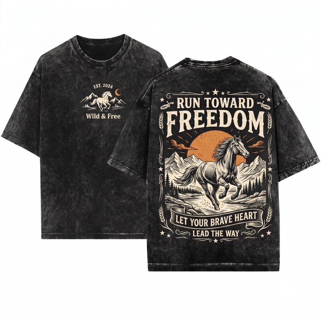 Run Toward Freedom Horse Inspirational Brave Heart Western Nature Lover Gift For Her Unisex Wash T-Shirt