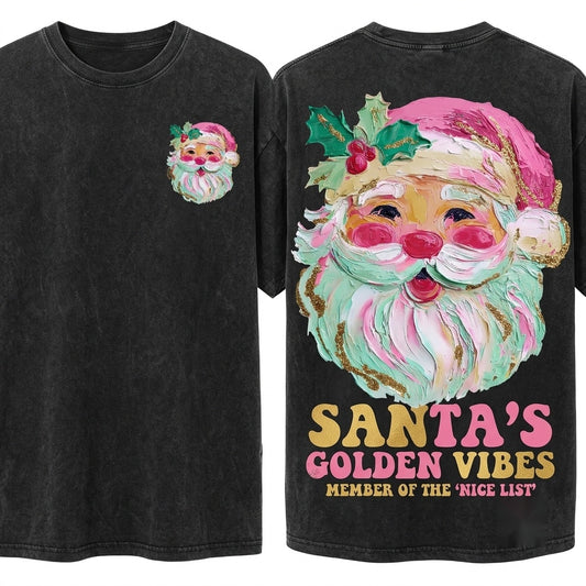 Colorful Brushstroke Oil Pink Glitter Vintage Santa Merry Christmas Unisex Wash T-Shirt