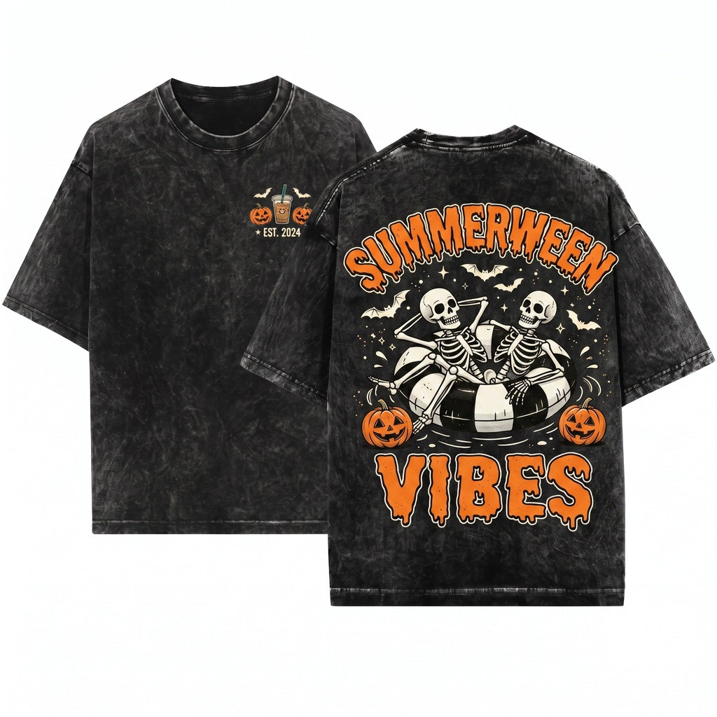 Summerween Vibes Skeleton Float Pool Halloween Party Top Unisex Wash T-Shirt