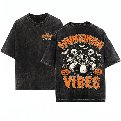 Summerween Vibes Skeleton Float Pool Halloween Party Top Unisex Wash T-Shirt