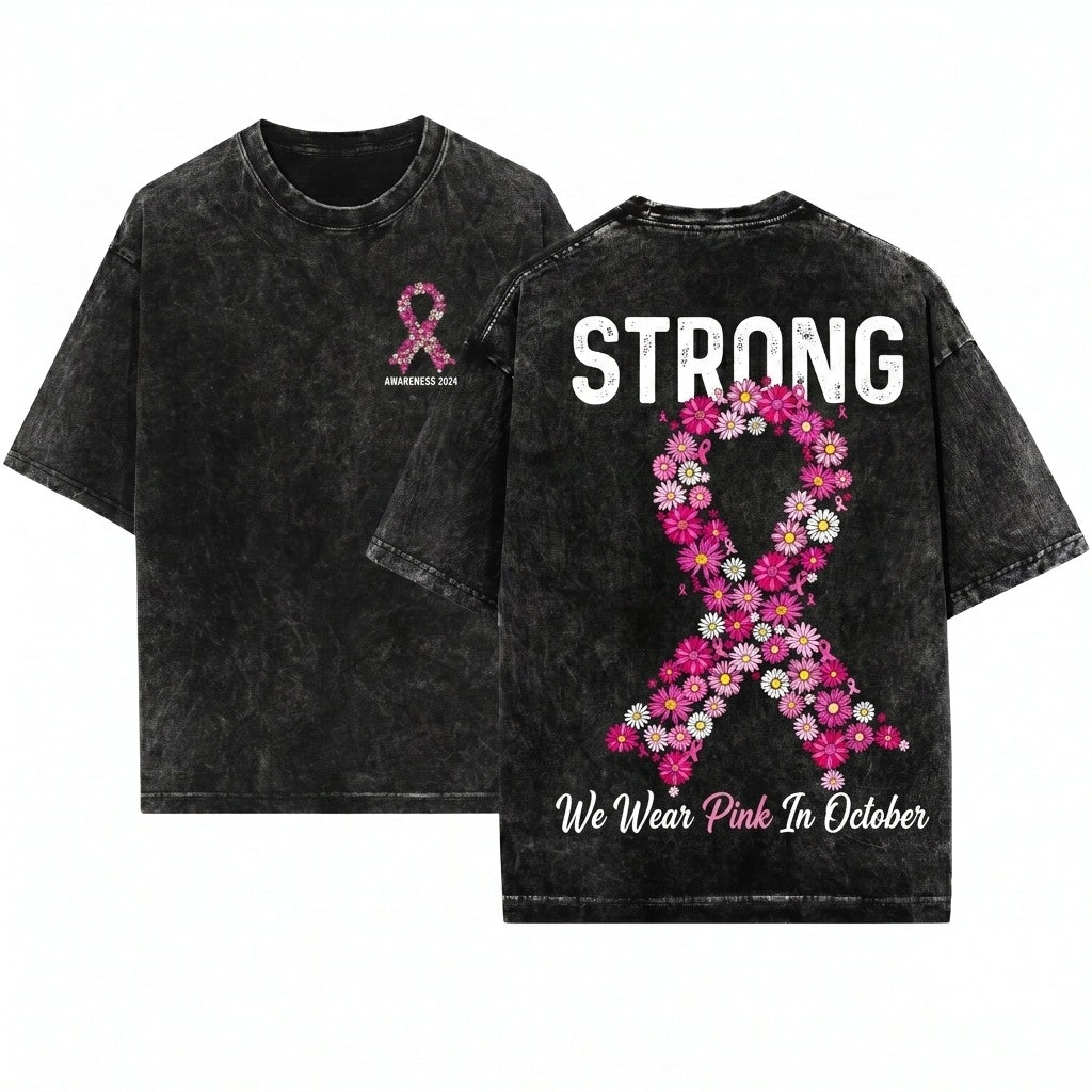 Daisy Floral Breast Cancer In October We Wear Pink Ribbon Flower Fight Awareness Graphic Preppy Unisex Wash T-Shirt