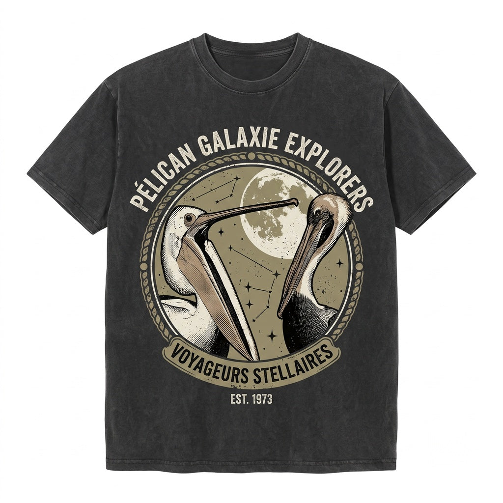 Three Pelican Moon Coastal Bird Lover Funny Galaxy Vintage Wash Retro Graphic Nature Top Unisex TShirt