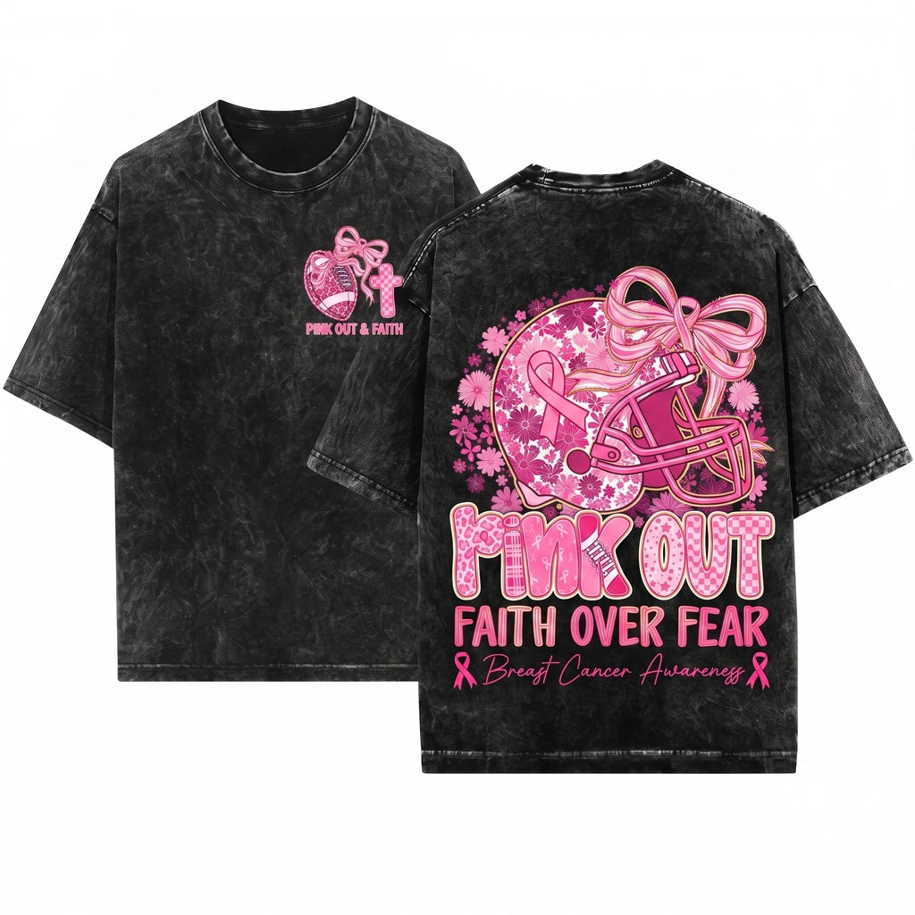 Pink Breast Cancer Awareness Faith Over Fear Floral Football Game Day Tackle Graphic Unisex Wash T-Shirt