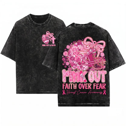 Pink Breast Cancer Awareness Faith Over Fear Floral Football Game Day Tackle Graphic Unisex Wash T-Shirt