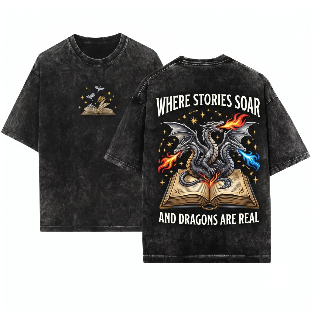 Dragon & Page Embroidered Bookish Fantasy Lovers Gift Unisex Wash T-Shirt