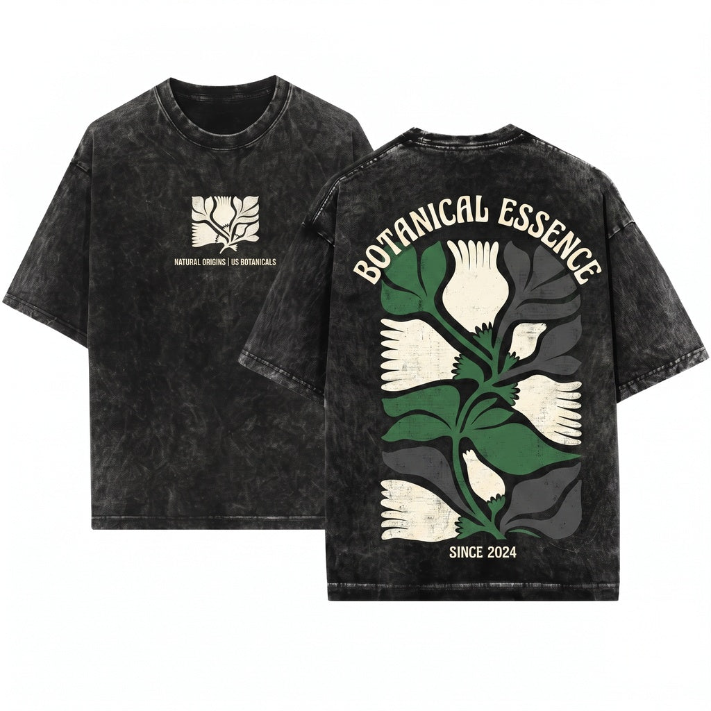 White Petal Flower Black Leaf Vintage Boho Nature Graphic Unisex Wash T-Shirt