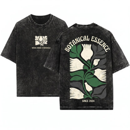 White Petal Flower Black Leaf Vintage Boho Nature Graphic Unisex Wash T-Shirt