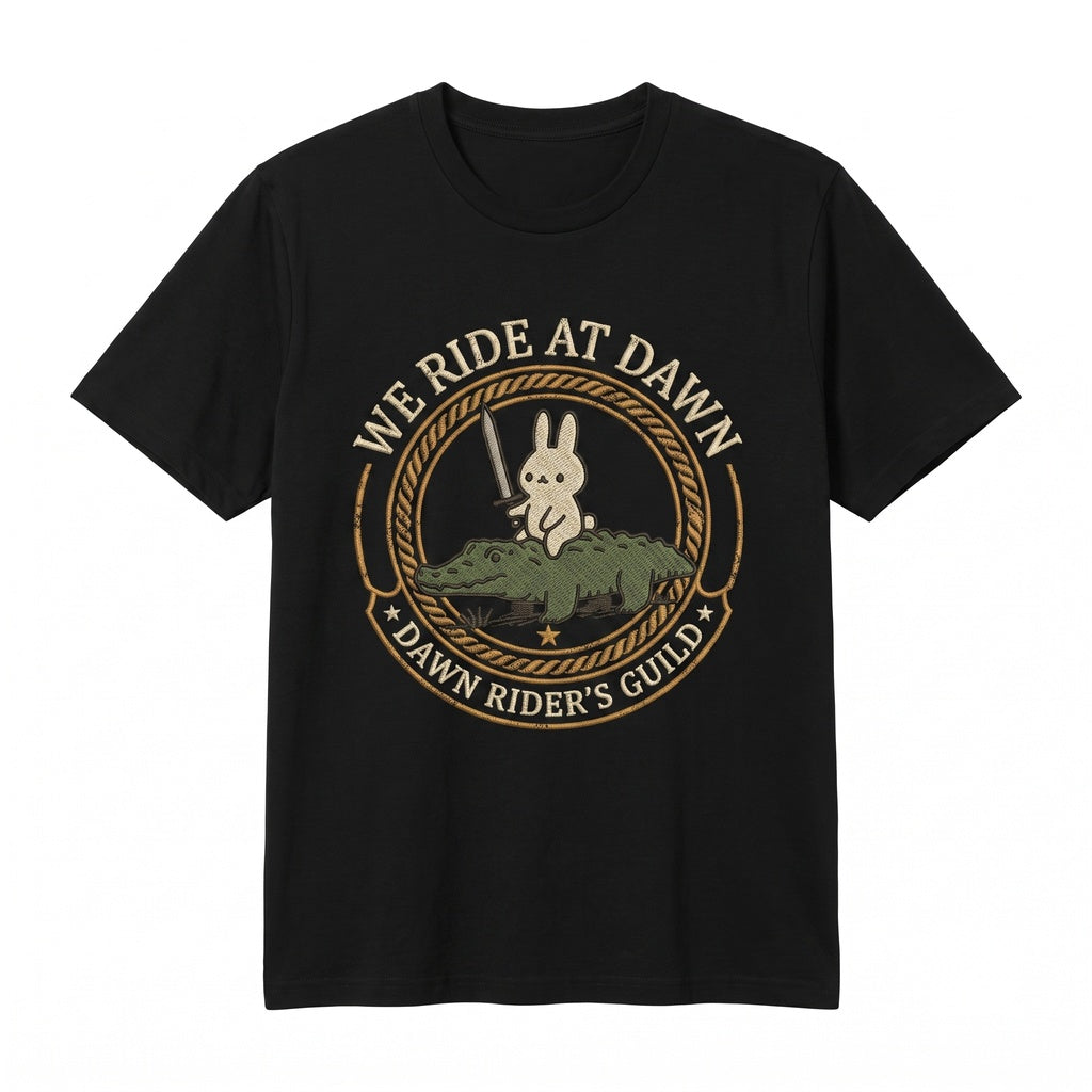 We Ride At Dawn Embroidered Bunny Alligator Renaissance Faire Funny Whimsical Animal Unisex TShirt