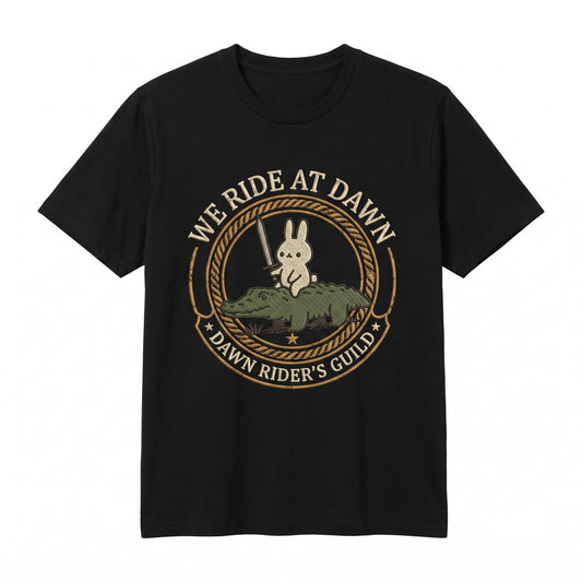 We Ride At Dawn Embroidered Bunny Alligator Renaissance Faire Funny Whimsical Animal Unisex TShirt