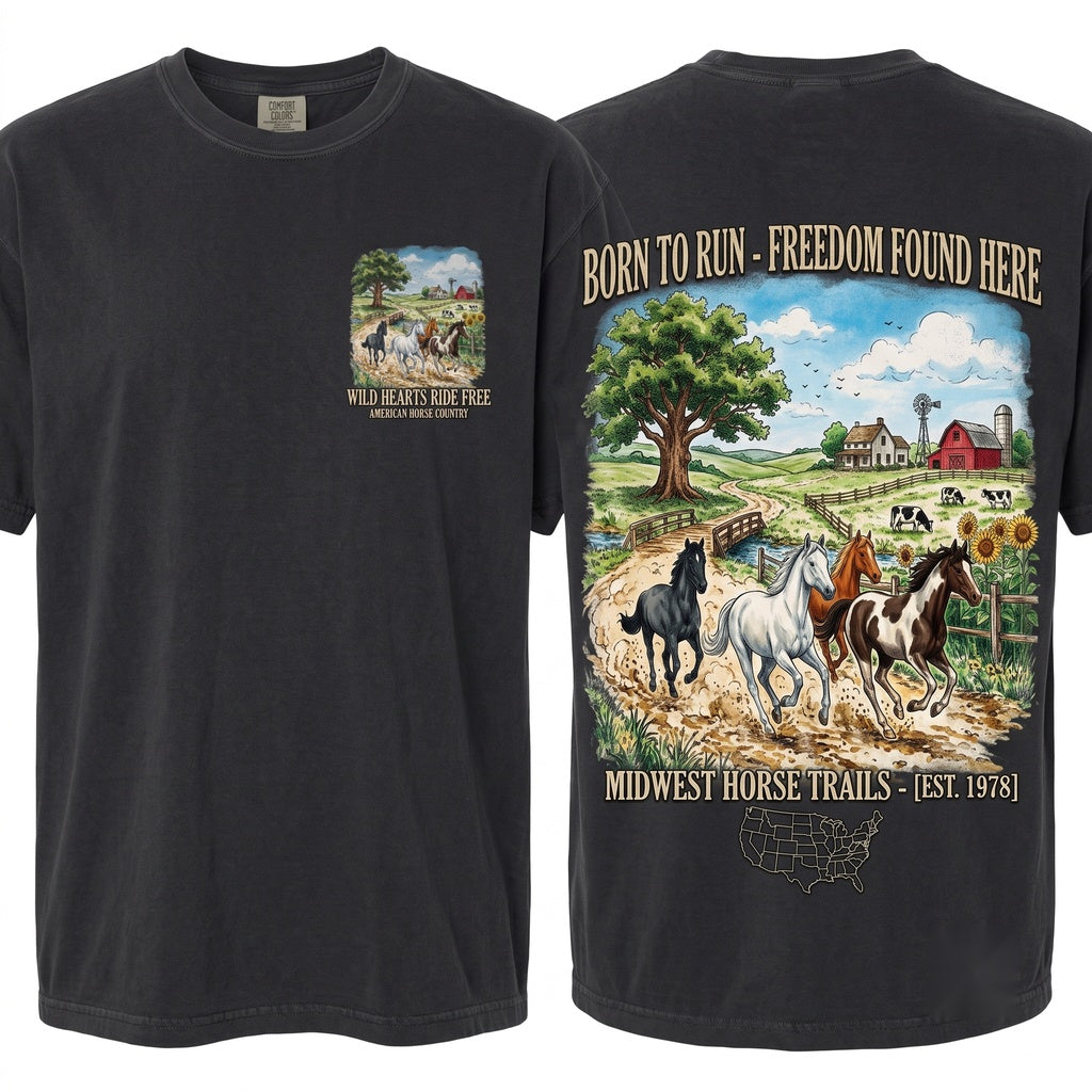 Vintage Running Horses Graphic Rustic Western Farm Countryside Animal Nature Lover Gift Unisex Wash T-Shirt