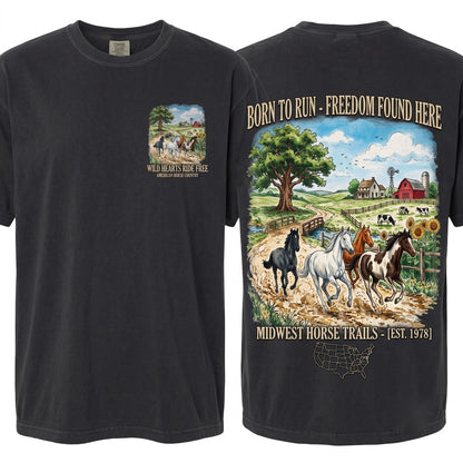 Vintage Running Horses Graphic Rustic Western Farm Countryside Animal Nature Lover Gift Unisex Wash T-Shirt