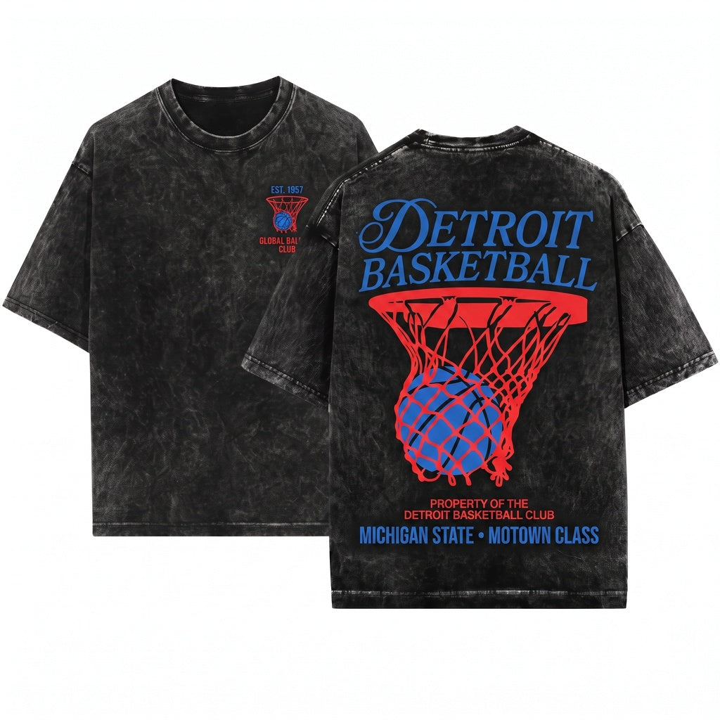 Detroit Basketball Retro Bball Fan Game Day Graphic Unisex Wash T-Shirt