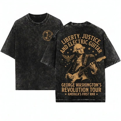 Vintage Distressed Patriotic 4th Of July George Washington Rocker Concert Guitar Unisex Wash T-Shirt