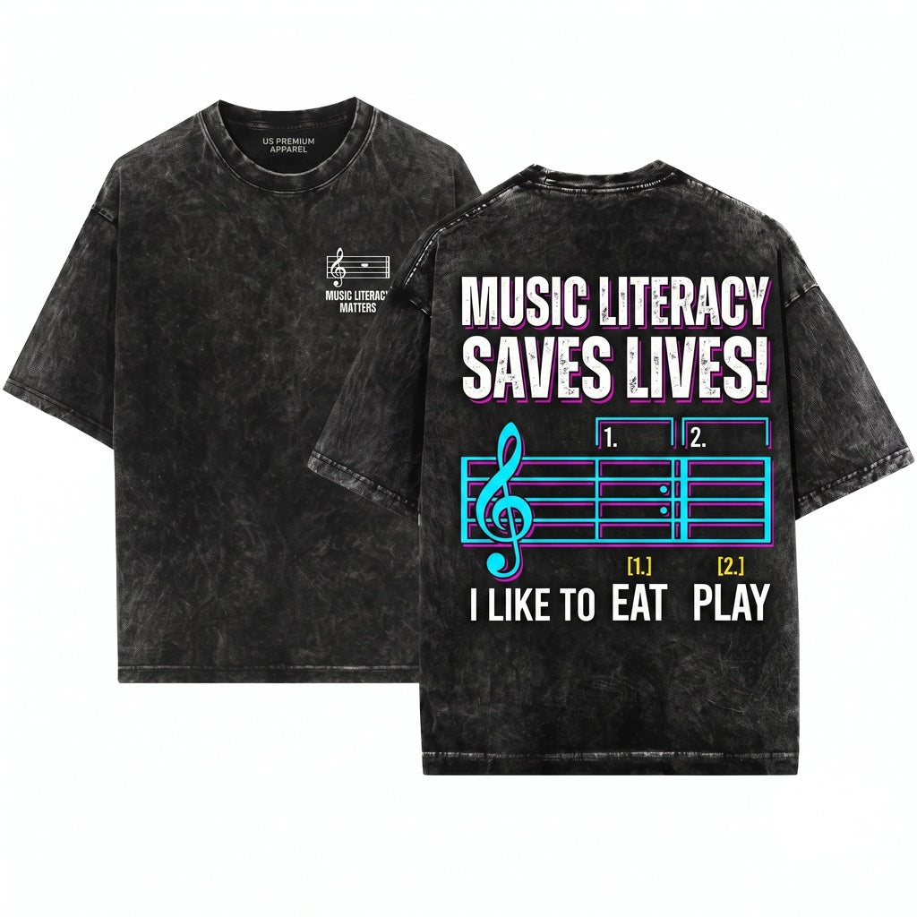I Like To Eat Puppies Music Literacy Matters Gift For Teacher Musician Lover Trendy Unisex Wash T-Shirt