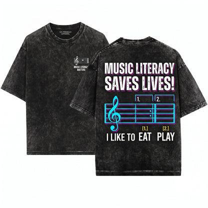 I Like To Eat Puppies Music Literacy Matters Gift For Teacher Musician Lover Trendy Unisex Wash T-Shirt