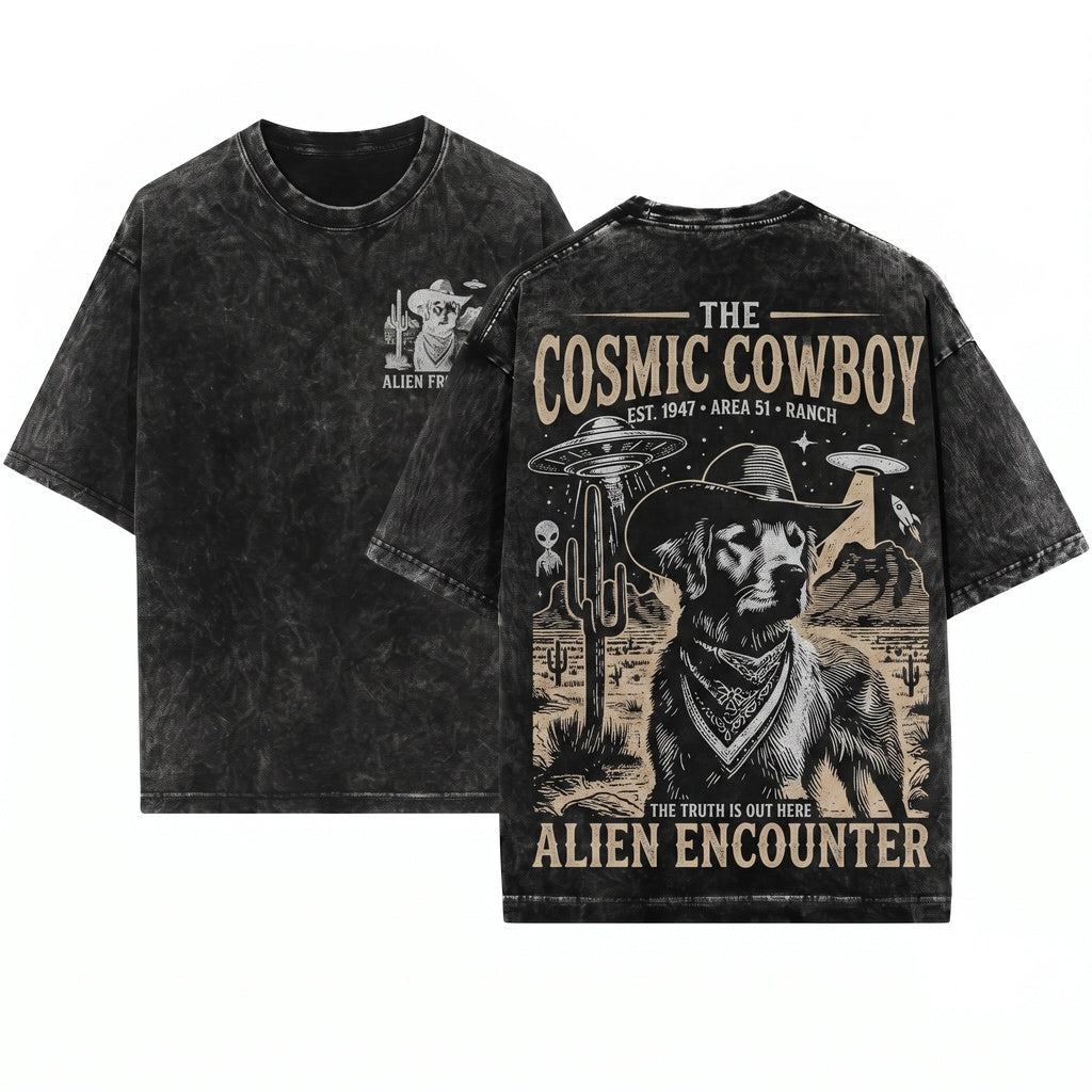 Vintage Golden Retriever UFO Western Cowboy Retro Alien Dog Mom Dad Gift Unisex Wash T-Shirt