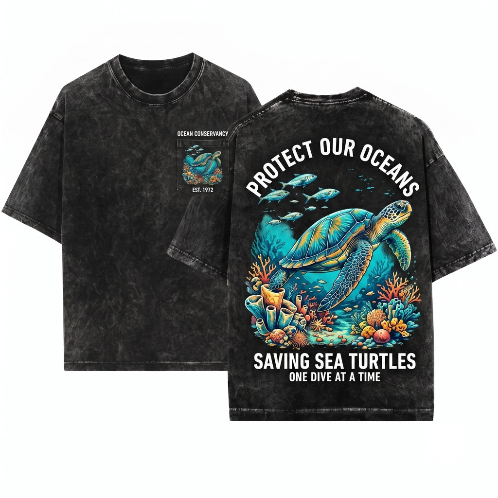 Vintage Sea Turtle Ocean Marine Life Coastal Wildlife Nature Graphic Lover Gift Unisex Wash T-Shirt