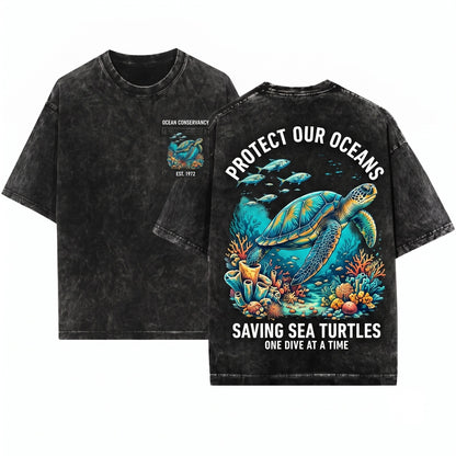 Vintage Sea Turtle Ocean Marine Life Coastal Wildlife Nature Graphic Lover Gift Unisex Wash T-Shirt