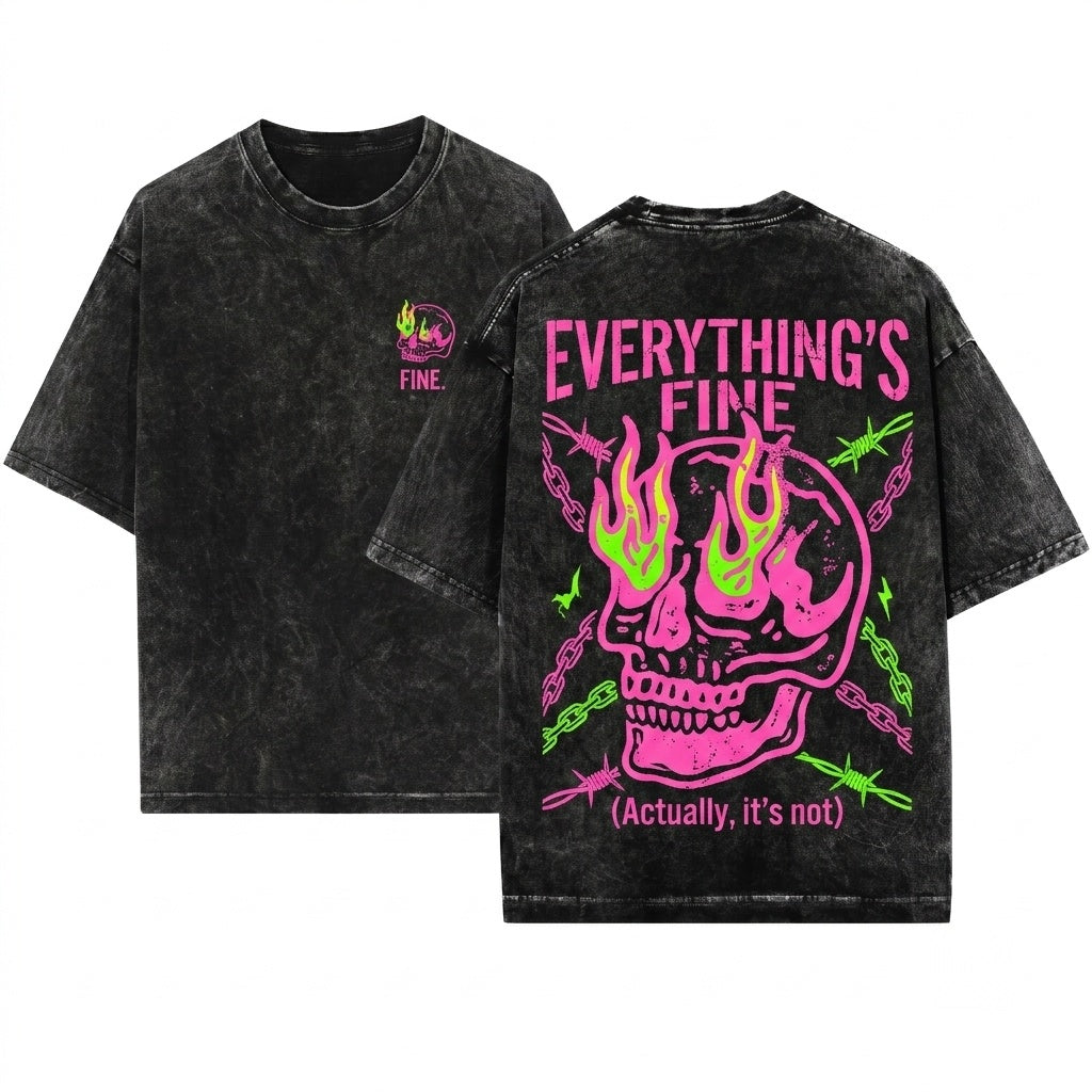 Everything is Fine Retro Grunge Sarcastic Funny Skeleton Festival Rebel Neon Wash T-Shirt