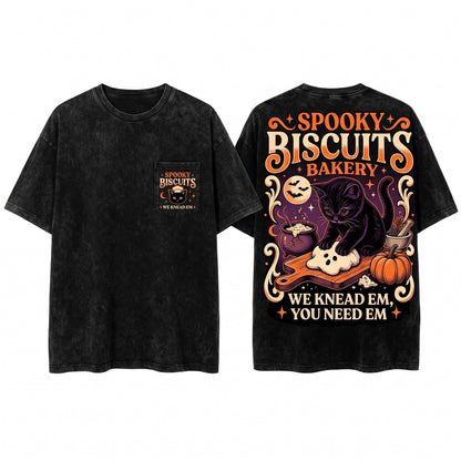 Kitty Biscuits Spooky Season Black Cat Halloween Vintage Baking Pumpkin Lover Fall Unisex Wash T-Shirt