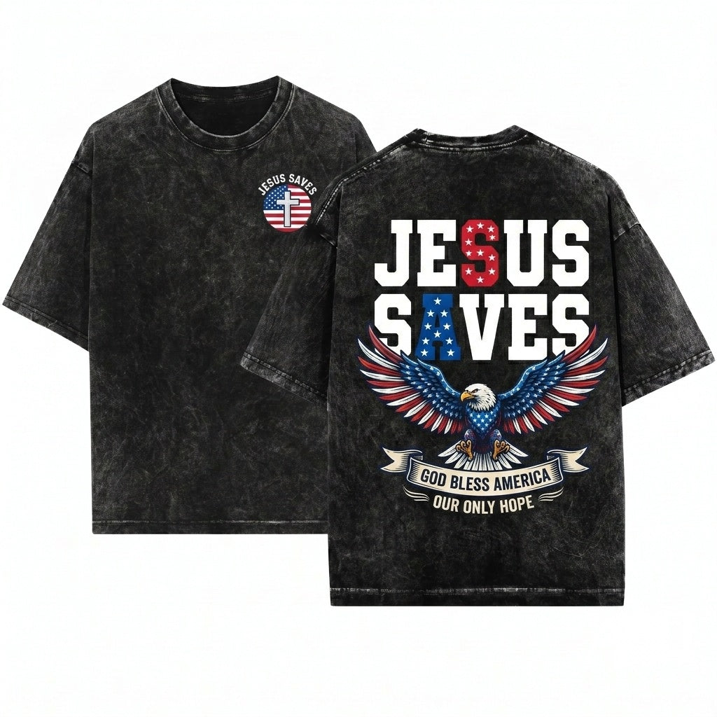 Jesus Saves Christian Patriotic USA Fourth Of July Faith Graphic Religious Unisex Wash T-Shirt