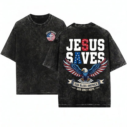 Jesus Saves Christian Patriotic USA Fourth Of July Faith Graphic Religious Unisex Wash T-Shirt