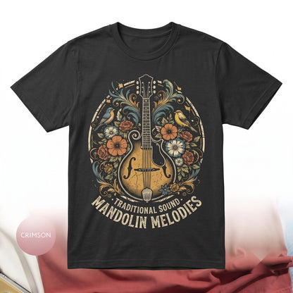 Vintage Floral Mandolin Folk Art Bluegrass Music Instrument Nature Lover Boho Bird Graphic Gift Unisex TShirt