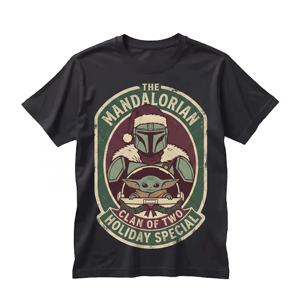 Galactic Bounty Hunter & Green Child Christmas Comic Poster Holiday Vacation 2026 Graphic Unisex TShirt