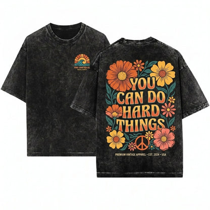 You Can Do Hard Things Retro Boho Floral Positive Affirmation Teacher Mental Health Unisex Wash T-Shirt