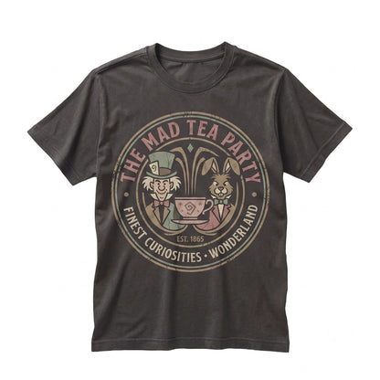 Retro Mad Tea Party Graphic Wonderland Cheshire Cat White Rabbit Hatter Drinking Cup Family Vacation Unisex TShirt