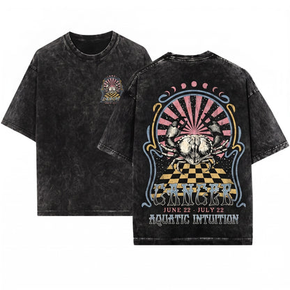 Cancer Zodiac Vintage Astrology Graphic Apparel Unisex Wash T-Shirt