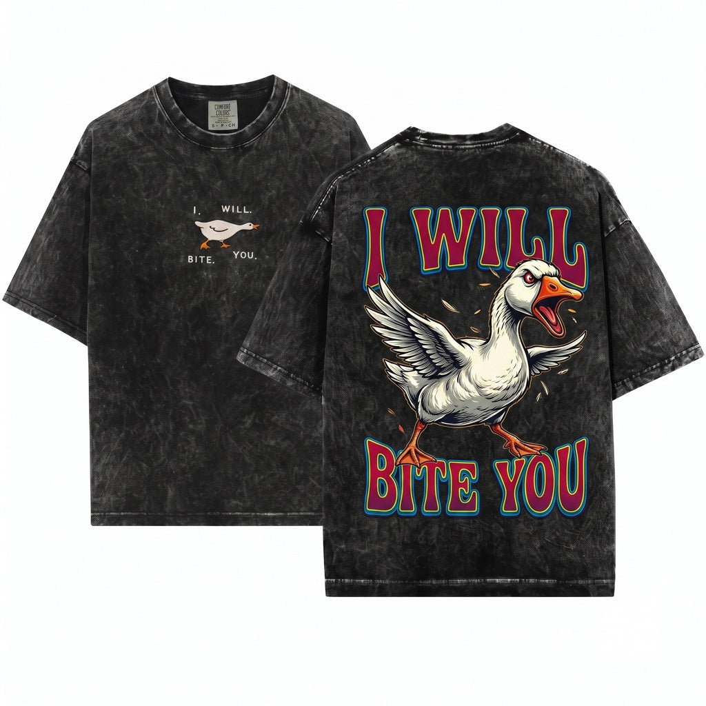 I Will Bite You Cute Angry Goose Embroidered Funny Animal Lover Gift Unisex Wash T-Shirt