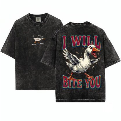 I Will Bite You Cute Angry Goose Embroidered Funny Animal Lover Gift Unisex Wash T-Shirt