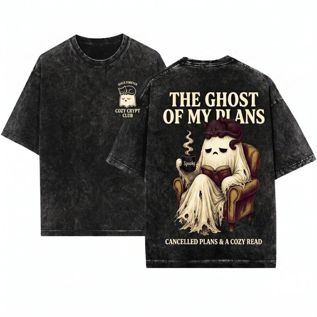 Cute Ghost Reading Book Black Cat Spooky Coffee Halloween Graphic Lover Gift Unisex Wash T-Shirt
