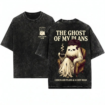 Cute Ghost Reading Book Black Cat Spooky Coffee Halloween Graphic Lover Gift Unisex Wash T-Shirt