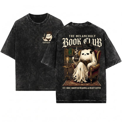 Cute Cozy Spooky Halloween Ghost Reading Book Black Cat Coffee Graphic Lover Gift Unisex Wash T-Shirt